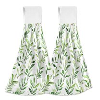 Yayeee Kitchen Hanging Hand Towels Set of 2 with Loop Bathroom Absorbent Tie Towel, Green Leafy Pattern