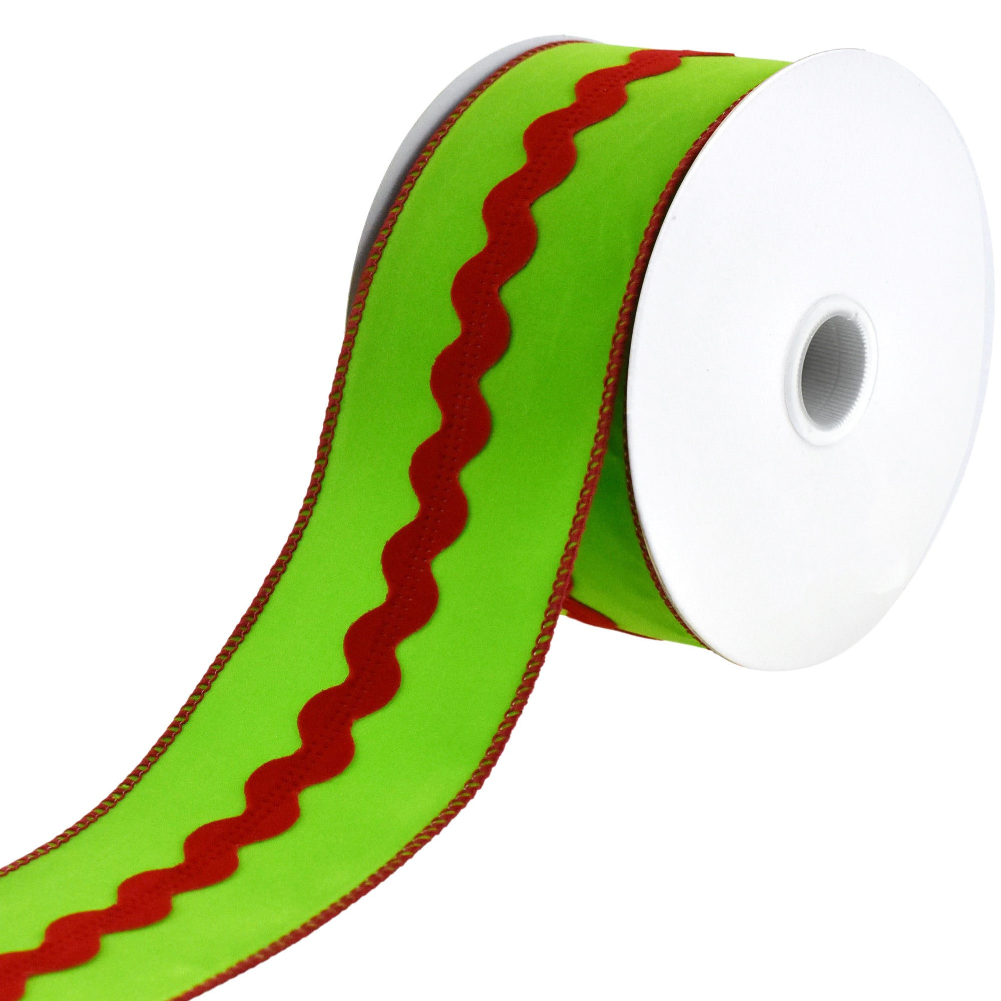 Christmas Velvet Rickrack Center Wired Ribbon, 21/2Inch Lime Green