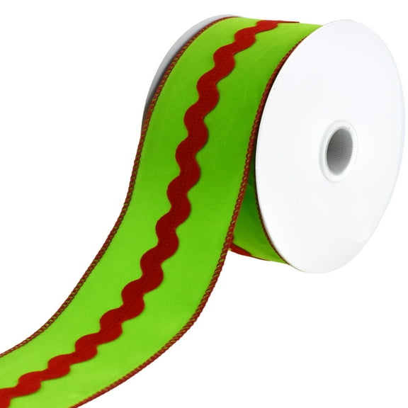 Christmas Velvet Rickrack Center Wired Ribbon, 2-1/2-Inch - Lime Green