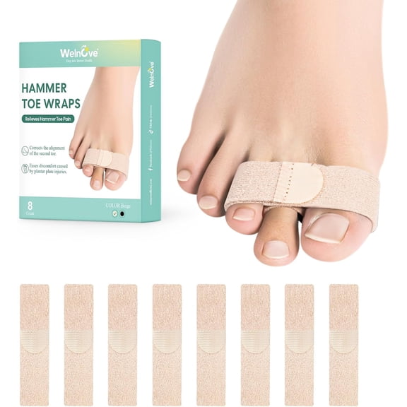 Welnove Hammer Toe Corrector - 8 Pack Reusable Fabric Broken Toe Wraps & Toe Splints for Crooked, Curled & Bent Toes, Straightener, Beige