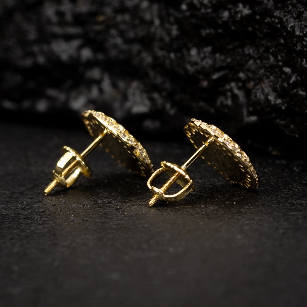 Round 14K Yellow Gold Plated 925 Sterling Silver Screw Back Post Circle Big 90's Hip Hop Ice Out Solid Gold Nugget Stud Earrings