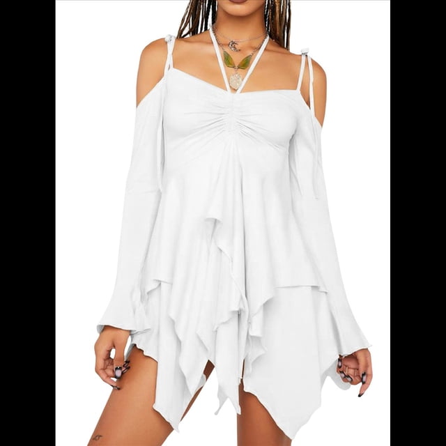 Disfraz de Halloween para Mujer, Vestido Midi Fluido con Pañuelo y Hombros Descubiertos, Estilo Hada Mariposa para Fiesta de Cosplay. L