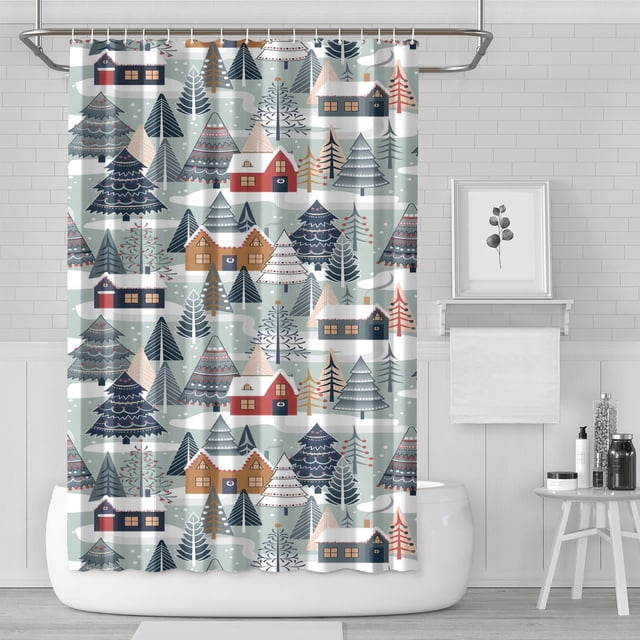 Rideau de Douche pour Salle de Bain Style Ferme de Noël, Rideaux de Douche Enneigés, Imperméables et Frais, Crochets de Rideau de Douche Inclus, 72x72 Pouces