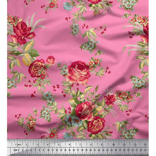 Soimoi Cotton Duck Fabric Leaves,Red Berries & Rose Floral Printed
