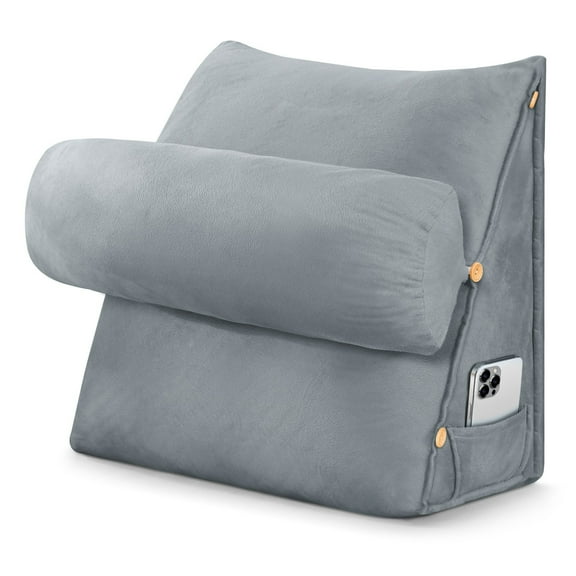 CJC Velvet Soft Triangular Wedge Pillow with Side Pocket, 3 in 1 Adjustable Bed Reading Pillow Bedrest Lumbar Neck Back Support Cushion, Gray