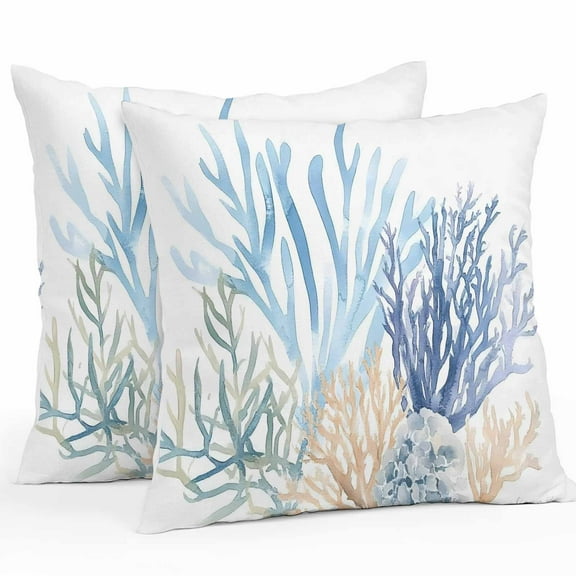 Waterproof Throw Pillow Covers Set of 2, 16x16 Inch Summer Coral Decorative Pillowcases Outdoor Pillow Slip Cushion Covers Set for Couch Tent Vintage Coastal Ocean Blue Green Plant