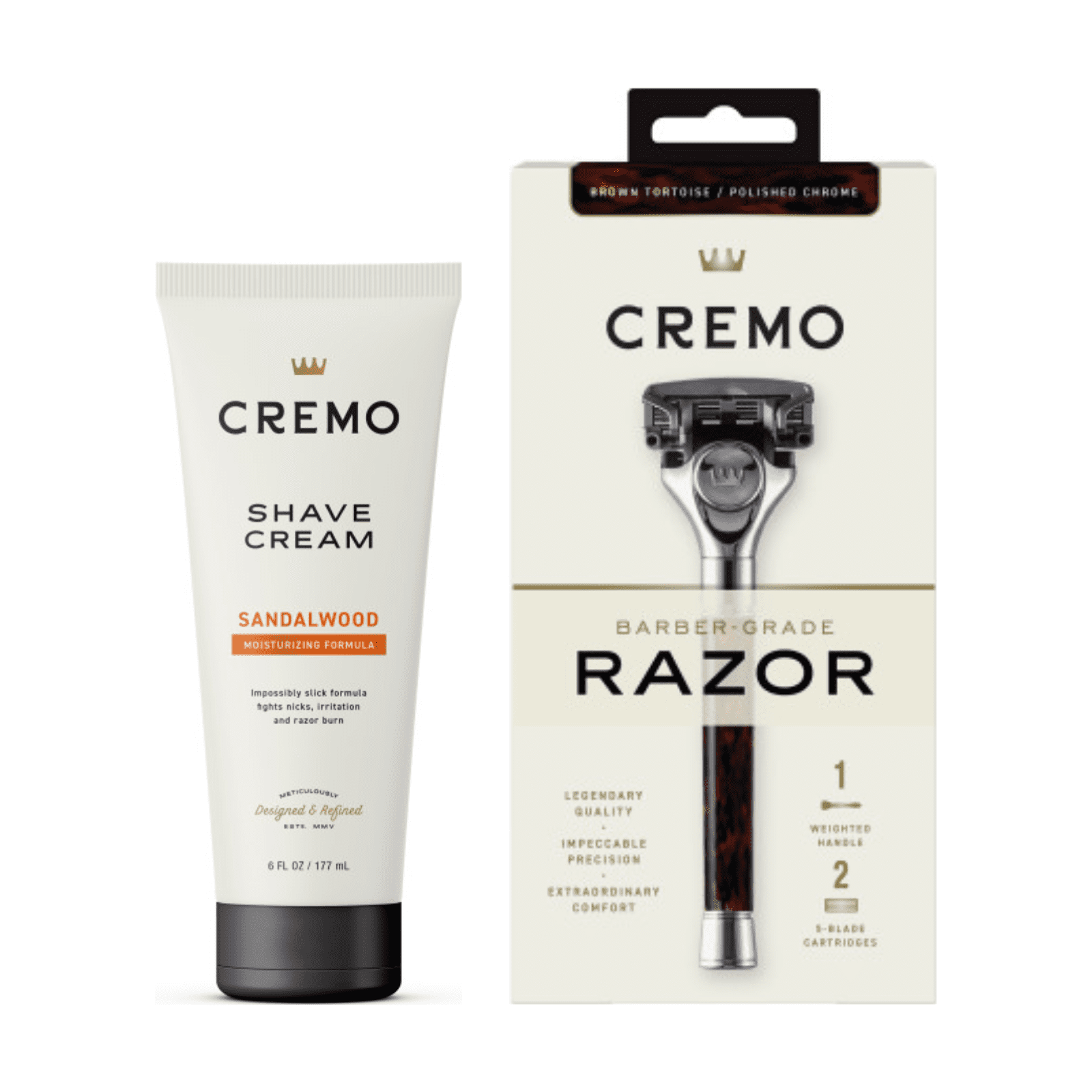 Cremo Tortoise Razor + 2 Refills & Moisturizing Shaving Cream for Men, Sandalwood Scent Variety Pack