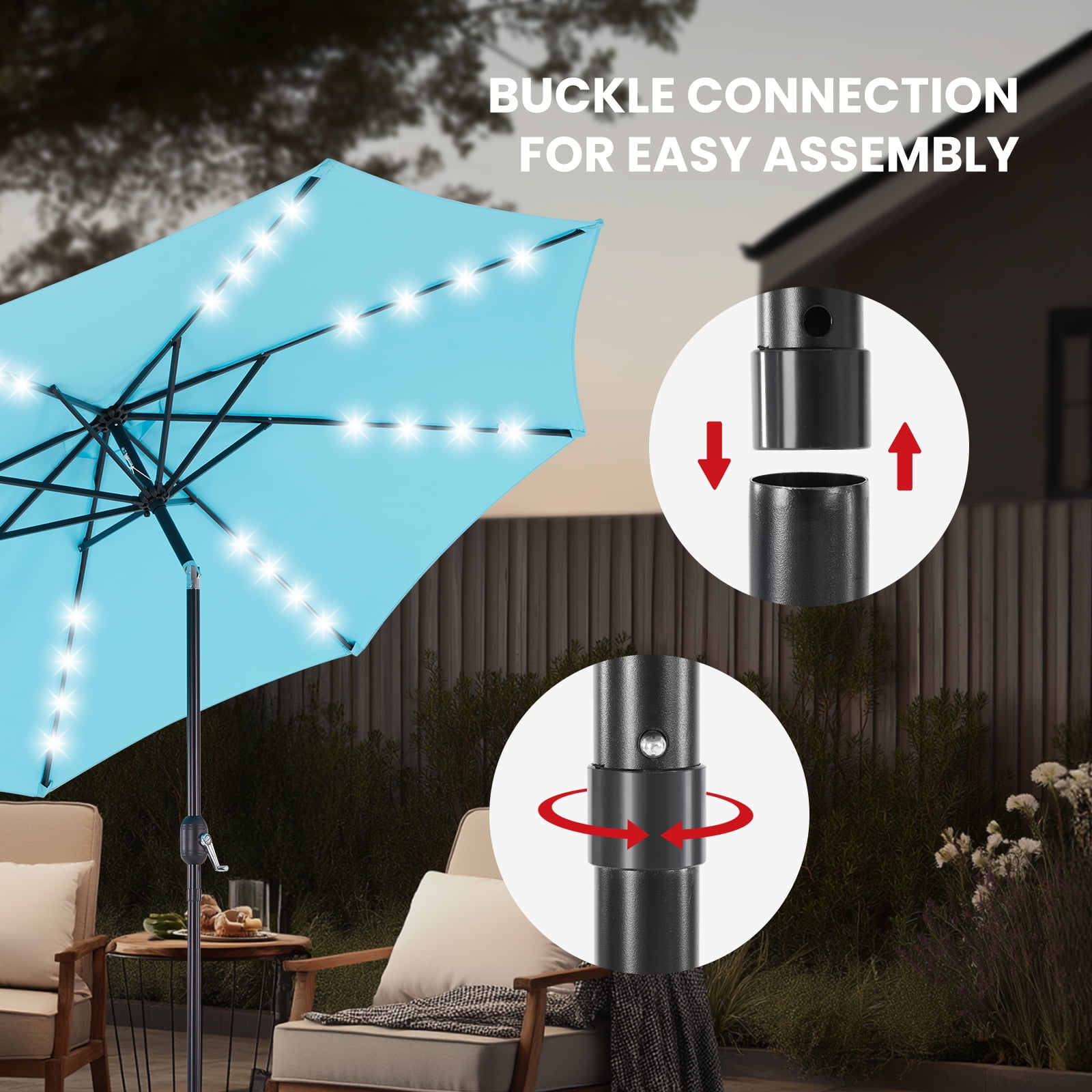 EDX 10ft Solar Polyester 32 LED Lighted Patio Umbrella with Tilt Adjustment and UV-Resistant Fabric,Lake Blue