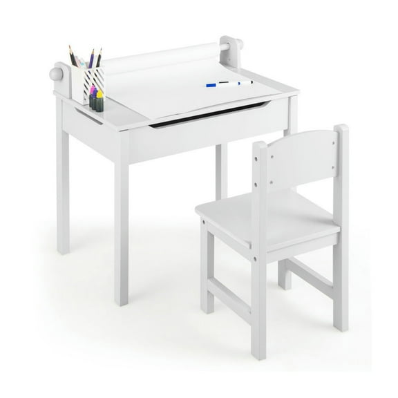Spaco Wooden Kids Table and Chair Set with Storage and Paper Roll Holder-White, Toddler Table and Chair Set for Arts & Crafts, Snack Time, Homeschooling, Homework
