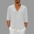thumbnail image 2 of skpabo Men's Long Sleeve Top Warehouse Mens Solid Color Cotton Linen Shirt Loose Fit Casual V Neck Summer Beach Shirt Comfortable Lightweight Plain Grandad Shirts Tops, 2 of 6