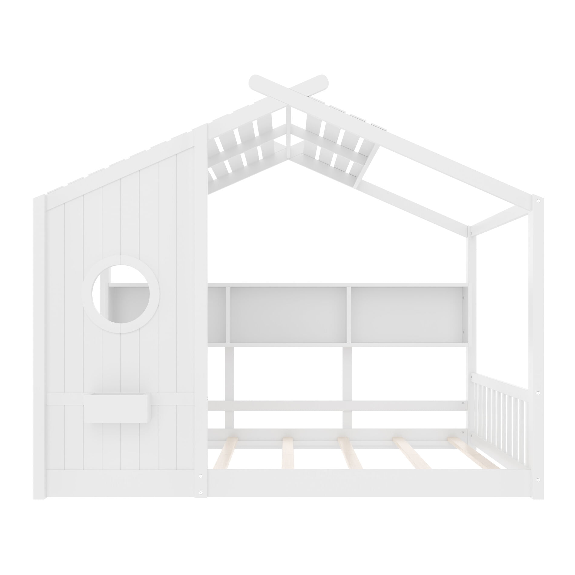 Full Size House Bed with Storage Shelf, Wood Montessori Floor Bed with Roof, Headboard and Footboard for Toddlers, Boys, Girls, White