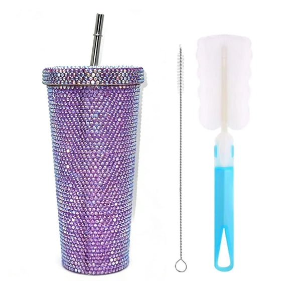 Stainless Steel Rhinestone Insulated Tumbler 500ml Double Wall Vacuum Thermos Mug With Straw For Hot & Cold Drinks Sparkling Crystal Bling Cup Gift For Women