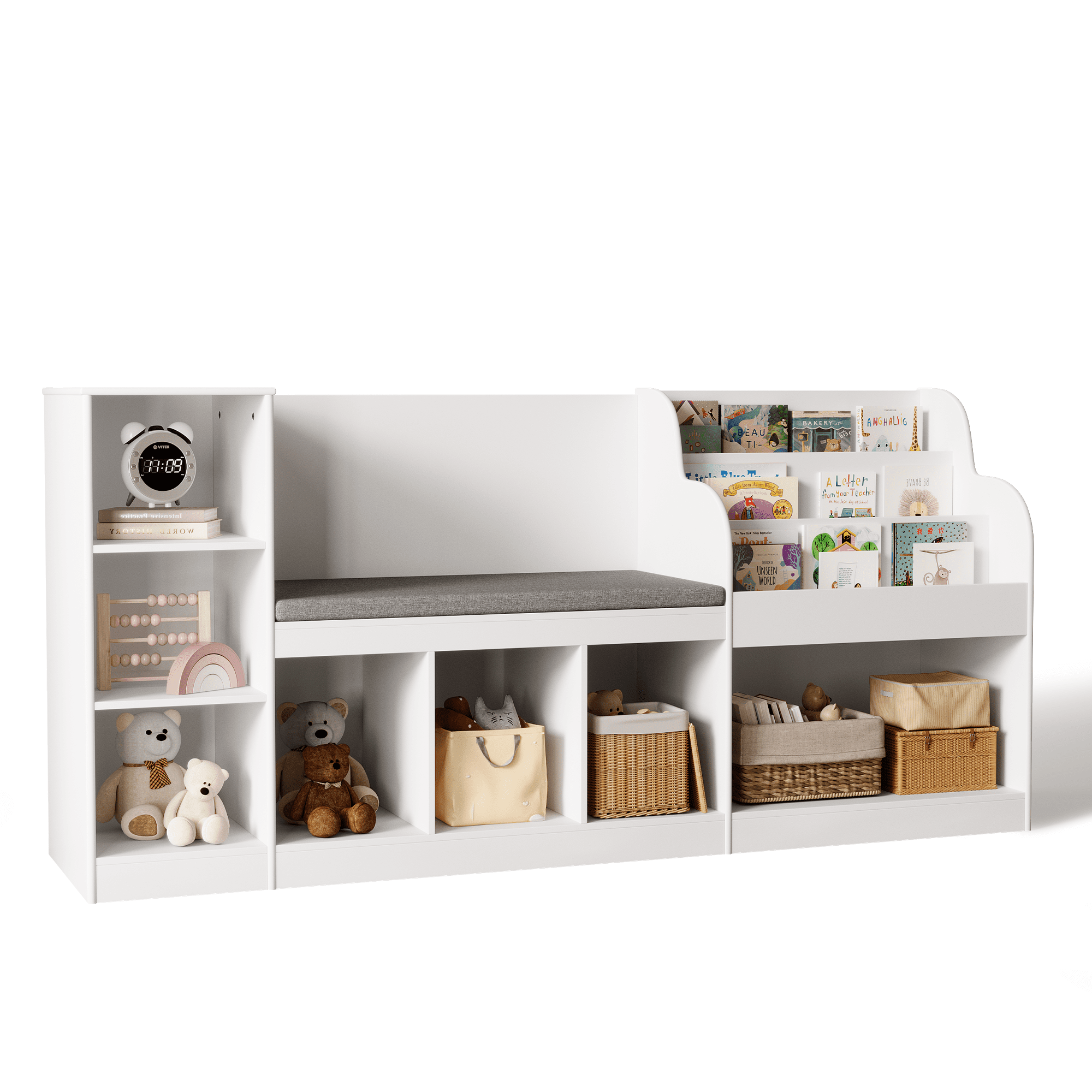 Lofka Kids Bookshelf with Reading Nook & Toy Storage - 3-Tier Bookshelf, 7 Cube Organizer, Double Seat & Anti-Tip Design - Perfect Children’s Bookcase & Playroom Furniture (White)