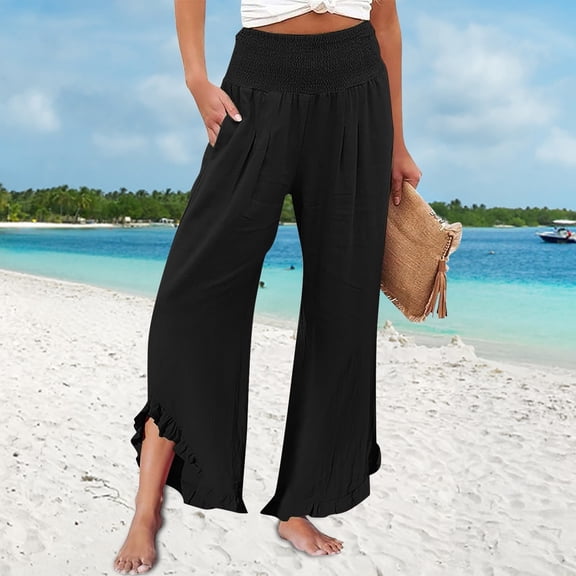 FENGGHAO Women's Spring And Autumn Casual Fashion Loose-Fit Asymmetric Hem Cotton-Linen Blend Relaxed Pants