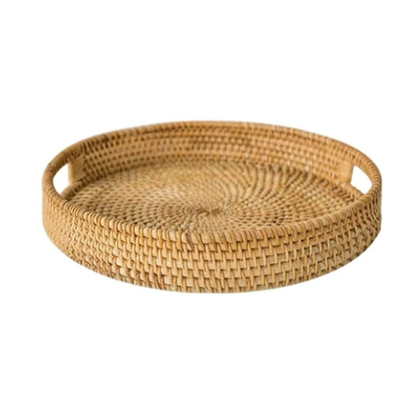 Hand Woven Rattan Serving Tray Decorative Round Rattan Storage with Handles Rustic Breakfast Fruit Snack coffee and tea