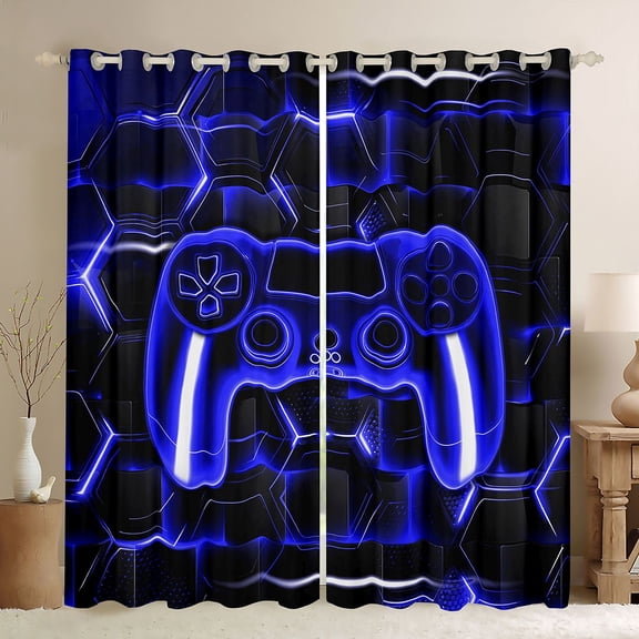 Feelyou Gaming Controller Kid Black Out Curtains, Futuristic Game Consloe Curtains Pack of 2 (42x63 Each), Honeycomb Abstract Blue Bedroom Curtains, Window Curtains Bedroom Decor