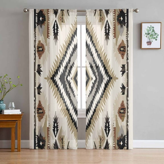 Boho Black Brown Sheer Curtains 63 Inches Length 2 Panels Set, Window Sheer Curtains for Living Room/Bedroom, Vintage Geometric Southwestern Ethnic Light Filtering Rod Pocket Curtain 52'' x 63'' x 2