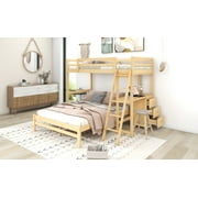 EUROCO Twin over Full Bunk Bed with Desk and Drawers, Natural