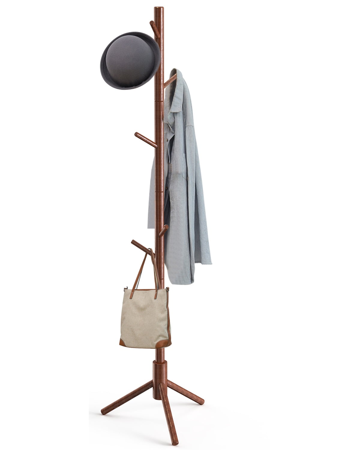 Freestanding Wooden Coat Rack Coat Stand Hall Tree with 3 Adjustable