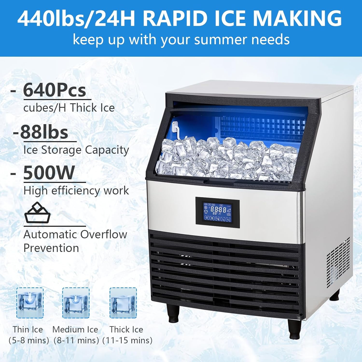 NEILA Commercial Ice Maker Machine 440LBS/24H,Undercounter Ice Maker with 40L Ice Storage Capacity,8 * 20 Ice Cube Freestanding Ice Maker,Stainless Steel Ice Machine with LCD Panel with Blue Light