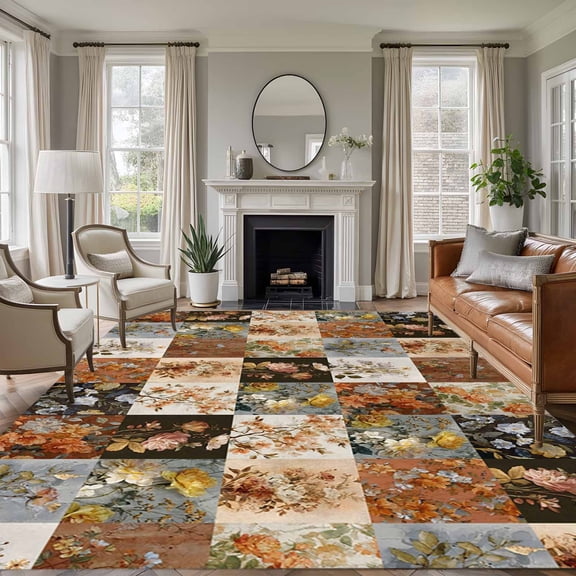 Area Rug for Living Room, Floral Patchwork Non-Slip Indoor Large Carpet for Bedroom/Dining Room, Vintage Country Geometric Flower Washable Low-Profile Rectangle Floor Runner Rugs - 6 x 9 Ft