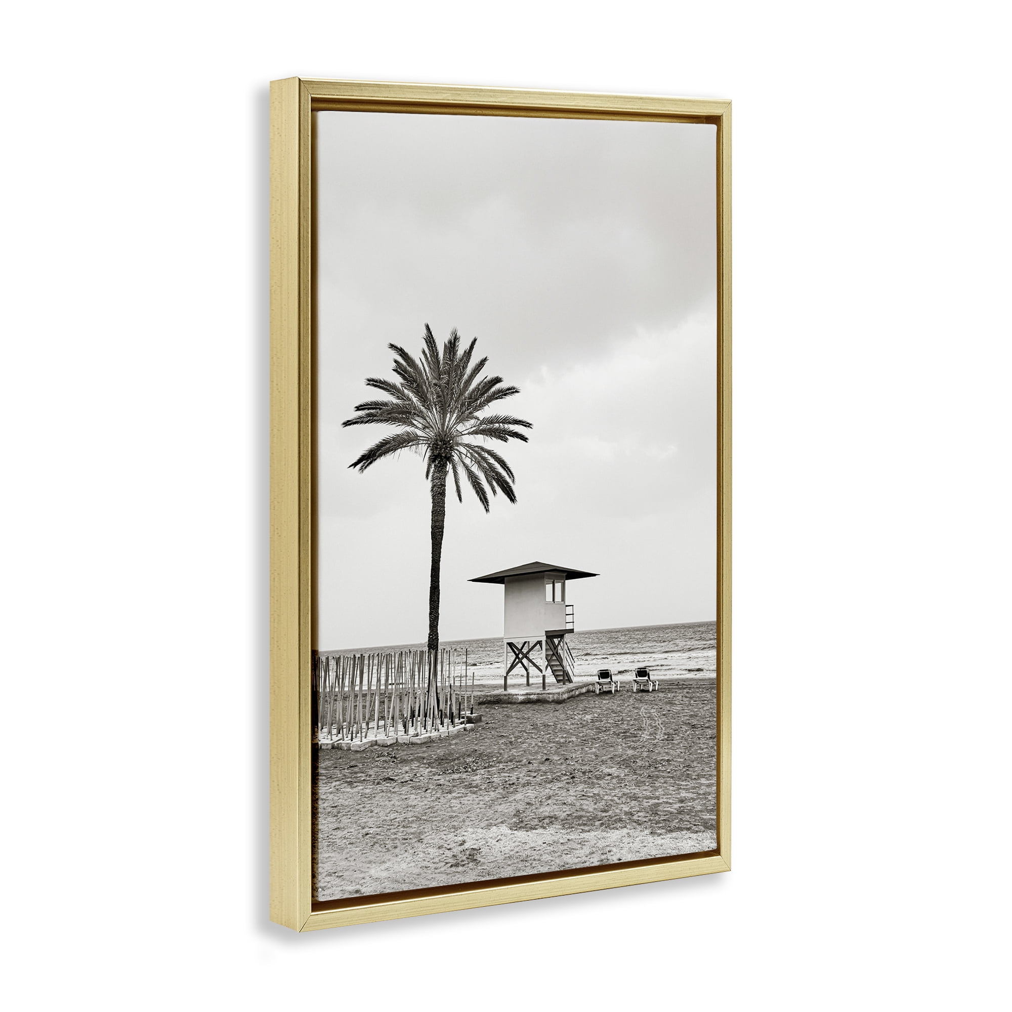 Stupell Industries Lifeguard Tower & Palm Landscape & Nature Photography Gold Floater Framed Canvas Art Print Wall Art, 17 x 25