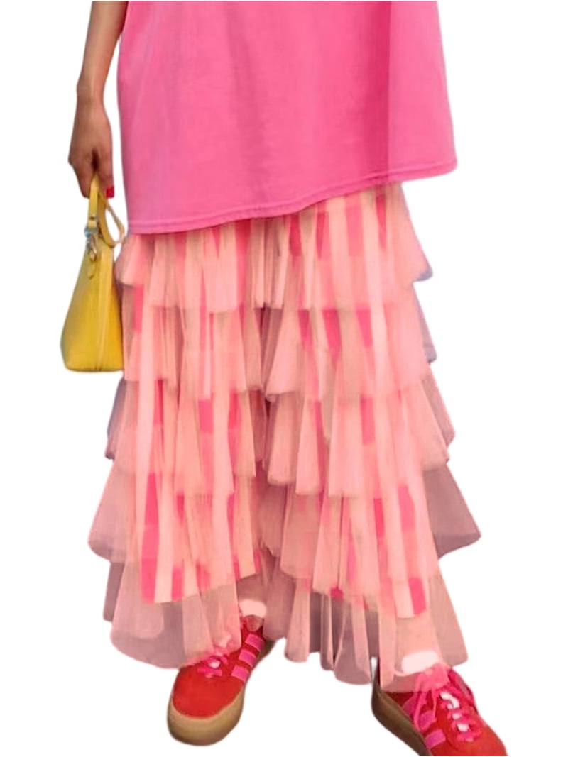 Women'S Long Tiered Ruffled Tulle Pants High Waist Stripe Print