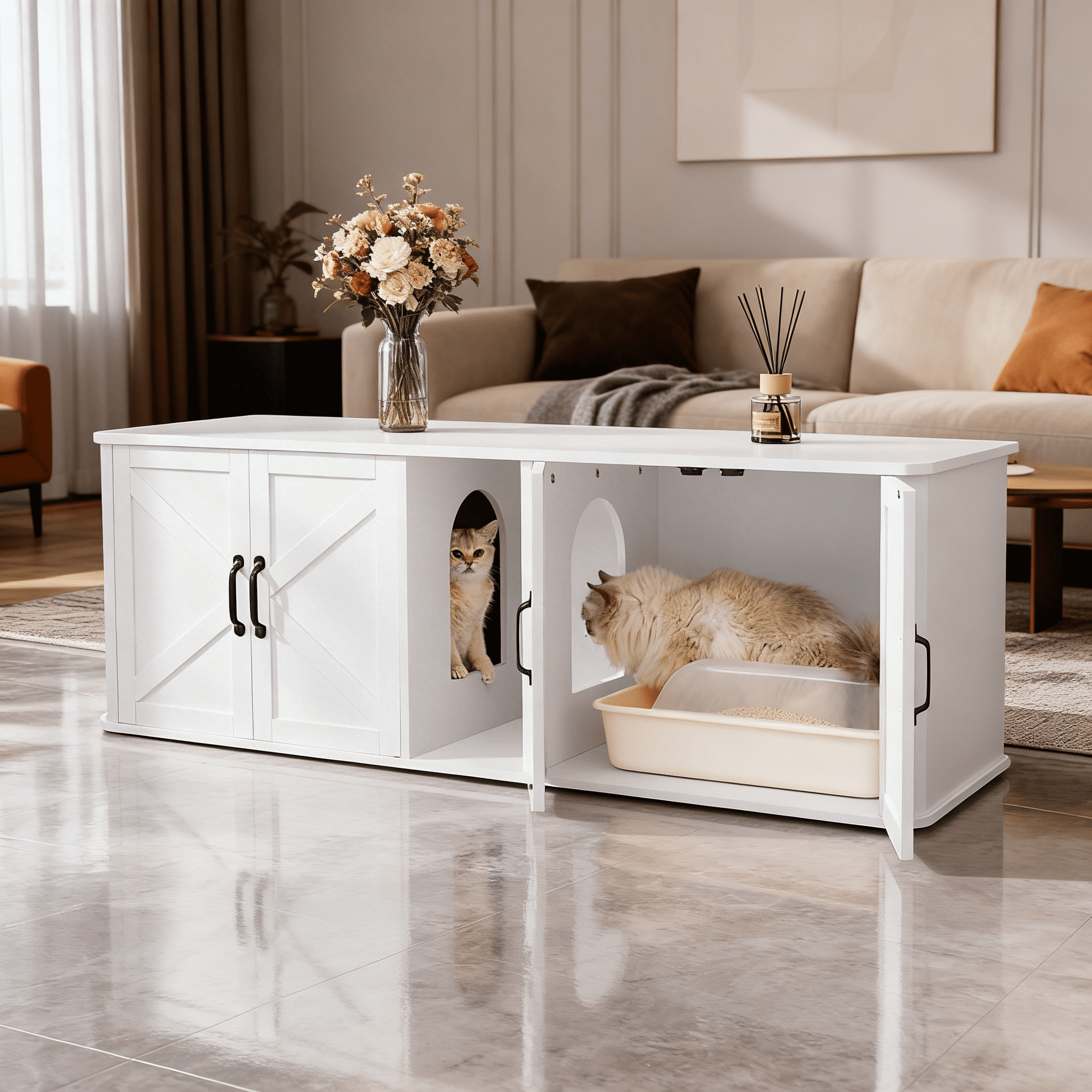 LEDREM Double Cat Litter Box Enclosure for 2 Cats, Hidden Litter Box Furniture with Front Entry, Side End Table & TV Stand, 59 x 19.5 x 20 Inches, Cloud White