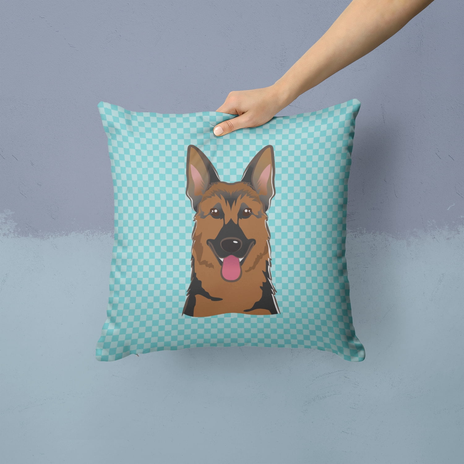 Caroline's Treasures BB1149PW1414 Checkerboard Blue German Shepherd Canvas Fabric Decorative Pillow , 14Hx14W,