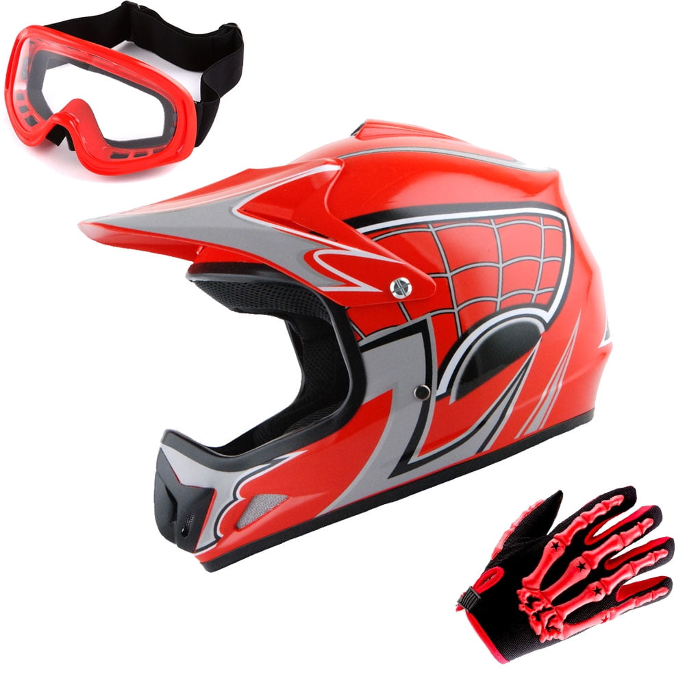 Tengchang Youth Kids Motocross Offroad Street Dirt Bike Helmet Goggles Gloves Atv Mx Helmet Red Spider