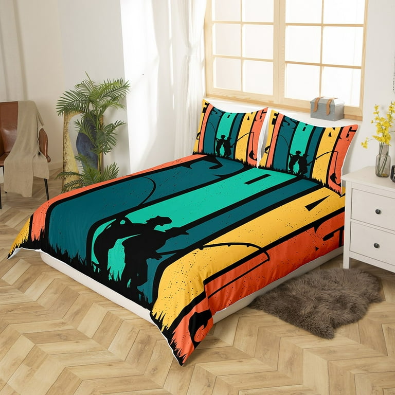 Fishing Comforter Cover Fish Bedding Set for Man Teens Boys,Multicolor  Striped Fishing Rod Duvet Cover Fish Hook Fishing Gear Bed Sets  Full,Outdoor Fishing Hobby Activity Bedroom Decor 
