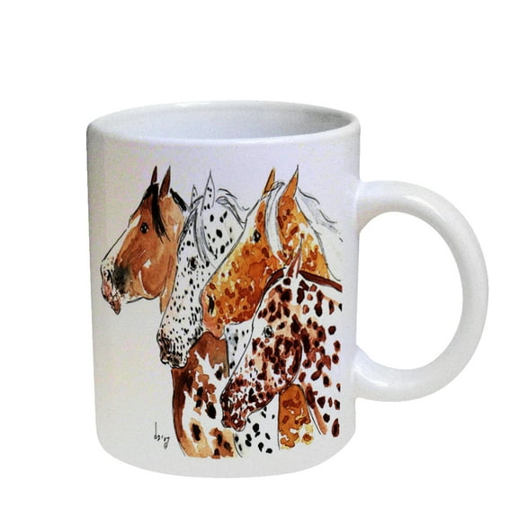 KuzmarK Coffee Cup Mug Pearl Iridescent White - Four Appaloosa Horses Equine Art by Denise Every