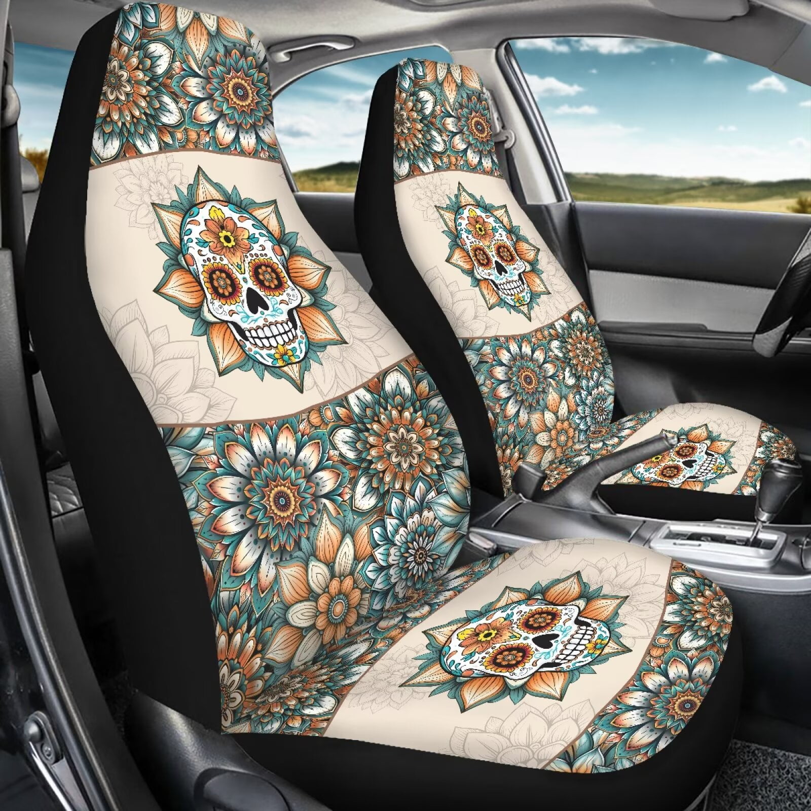 Yuyamidu Skull Car Seat Covers Set of for 2 Front Seats, Boho Mandala Flower Auto Accessories Decor Universal Fit for Car Truck SUV