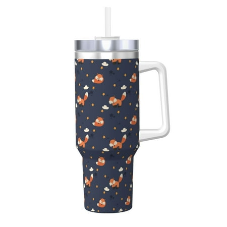 

Susaid Cartoon Fox Print Indoor Outdoor Straw Lid 40oz Ice Bully With Handle Stainless Steel Cup for Home Office and Car