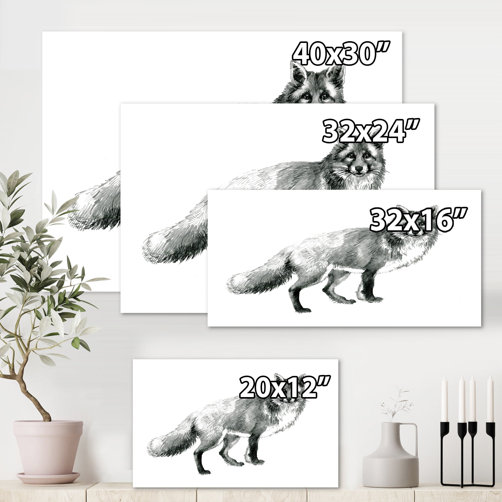 Designart ' Black and White Portrait Fox ' Farmhouse Canvas Wall Art Print