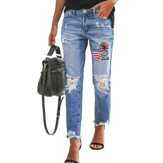 Chase Secret Womens American Flag Graphic Print Destroyed Raw Hem Jeans Ripped Hole Denim Pants Plus Size