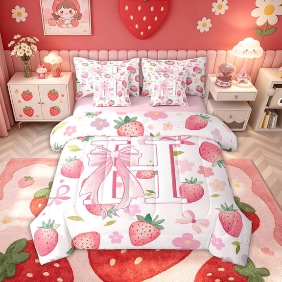 meiyoeat Bowknot Letter Twin Bedding for Kids, Fruit Strawberry Bedding Comforter Set, Pink, Pink Reversible, 7pcs
