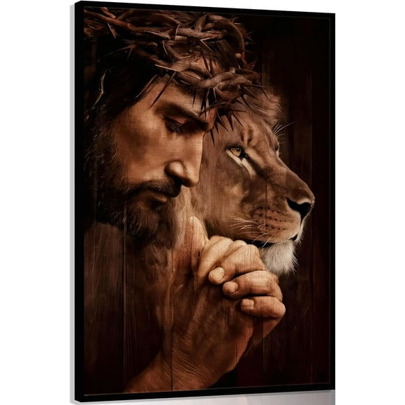 RAYZELJesus And The Lion Of Judah Canvas Wall Art Christian Faith Wall Decor Judas Inspiring Prints Inspirational Jesus and Lion Painting Crown of Thorns Poster Picture for Home Frame: 24x20in