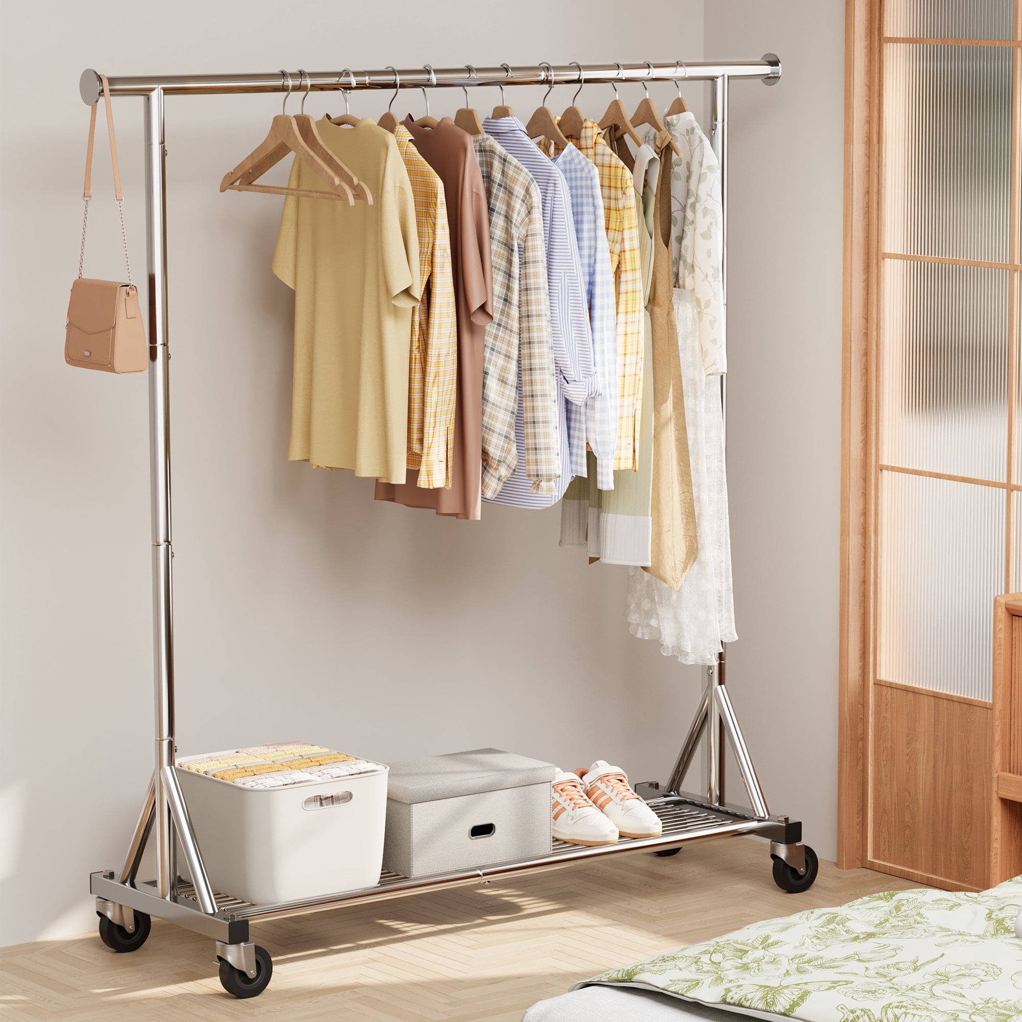 Mr IRONSTONE Heavy Duty Clothes Rack, Rolling Garment Rack with Lockable Wheels and Bottom Shelf, Metal Closet Organizer for Bedroom Laundry, Silver