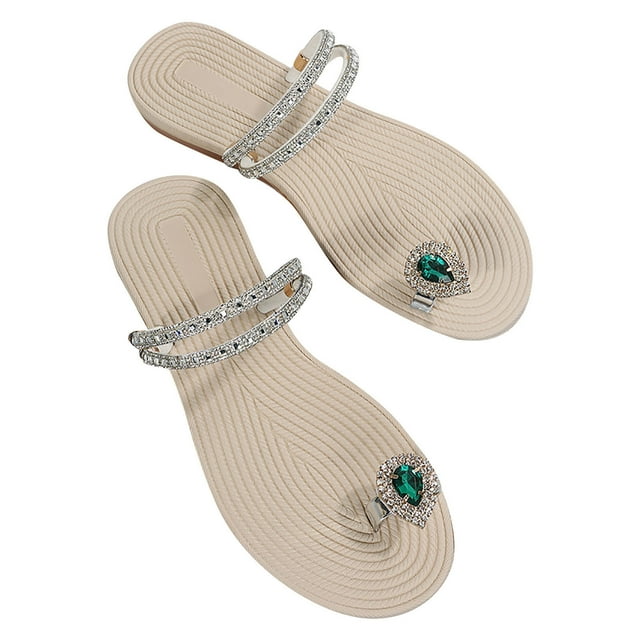 Flat Sandals for Women Toe Ring Clip Toe Rhinestone Decor Sparkly Slide Slip on Dressy Wedding Non Slip Summer Sandals Green