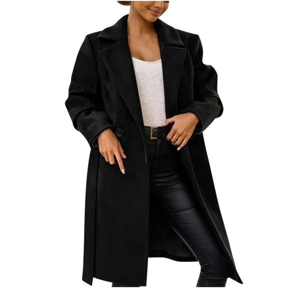 Viikei Women Coats Clearance Women Solid Color Casual Long Sleeve Lapel Long Jacket Coat with Belt