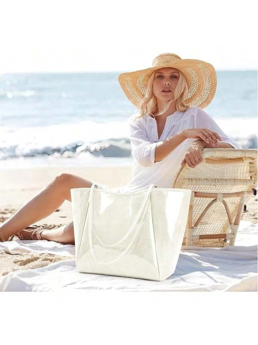 Gocvo Large PVC Tote Bags for Women, Fashion PVC Handbags Kraft Paper Handbags for Women for Beach Work College, Beige