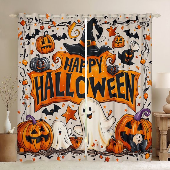 jejeloiu Halloween'S Day Black Out Curtains,Spooky Pumpkin Ghost Curtains Pack of 2 (42x63 Each)Orange Stars Print Bedroom Curtains For Teen,Microfiber Bedroom Decoration