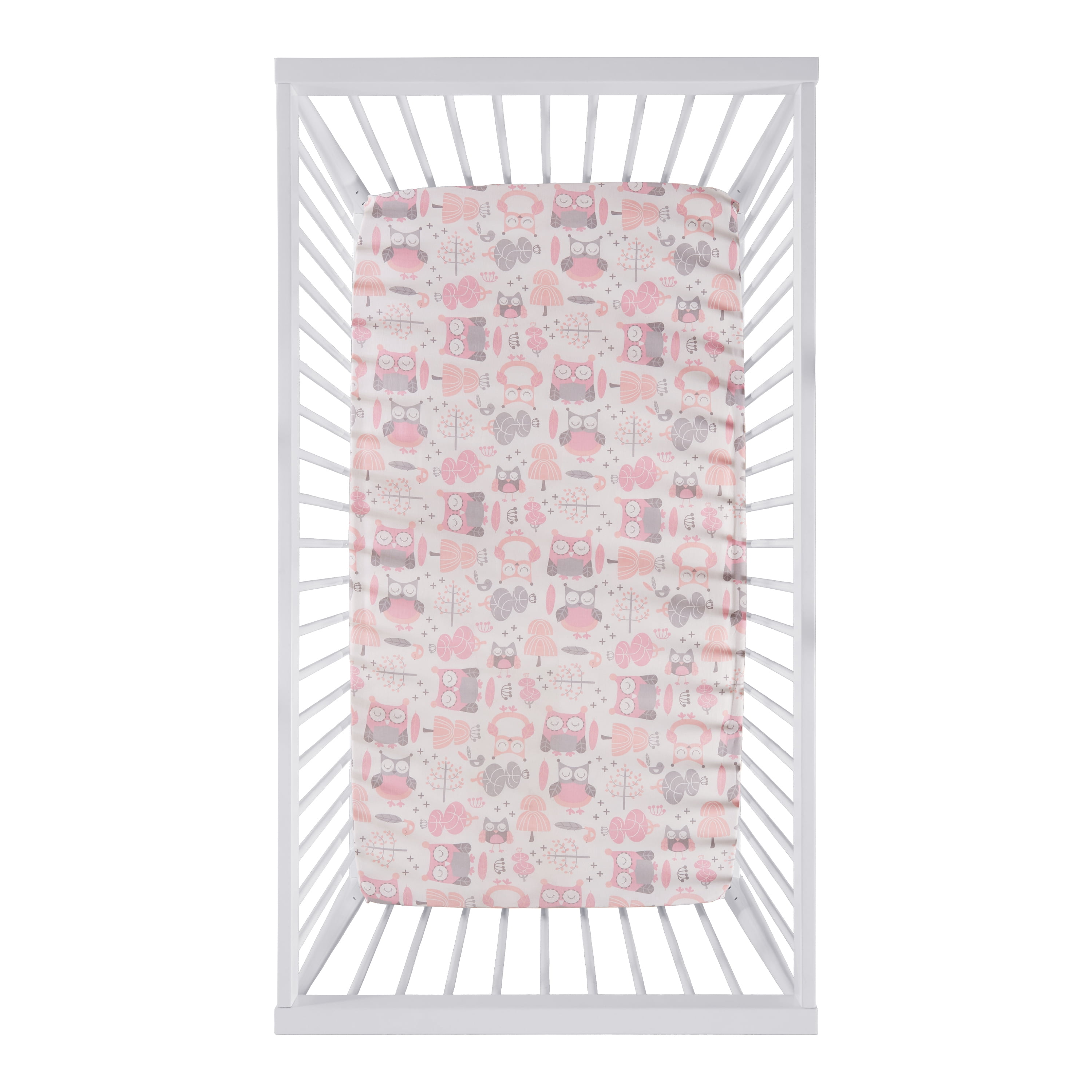 Levtex Baby - Night Owl Pink Crib Fitted Sheet - Fits Standard Crib and Toddler Mattress - Tossed Owls and Trees - Pink, Grey, White - Nursery Accessories - 100% Cotton