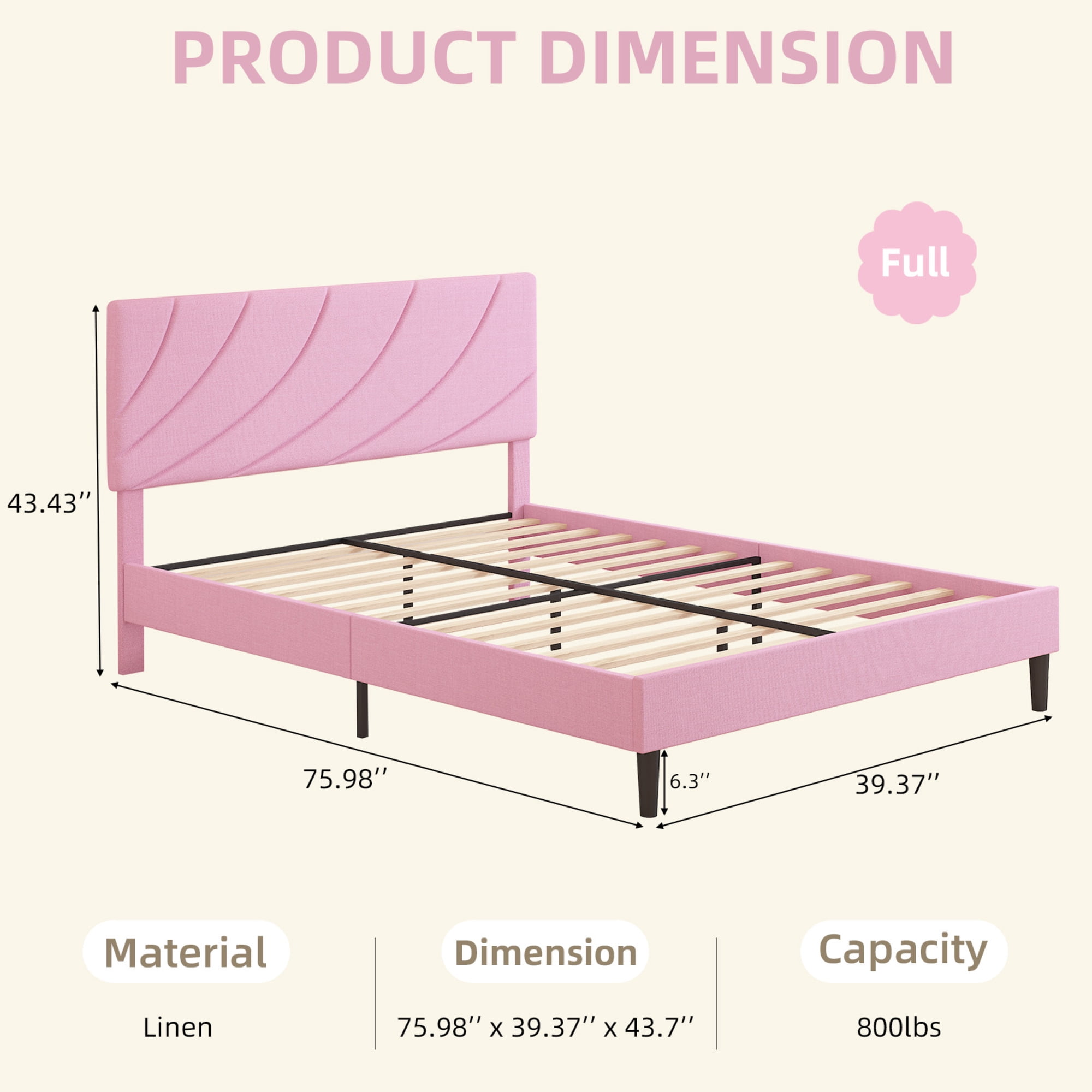 4 EVER WINNER Full Size Bed Frame with Adjustable Headboard, Full Bed Frame with Linen Fabric Upholstered, Strong Wooden Slats, No Box Spring Needed, Noise Free, Easy Assembly, Pink