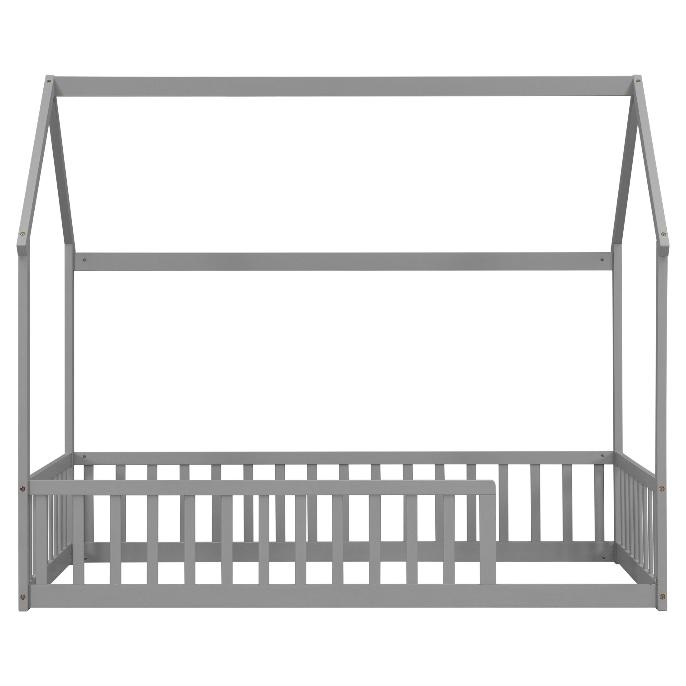 Noble House Morde Twin Size House Floor Bed with Gable Roof Frame & Safety Guardrails, Pine Wooden Bed Frame, Grey
