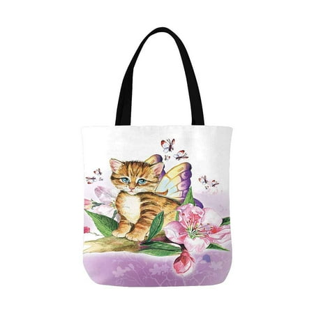 ASHLEIGH Little Kitten With Butterfly Wings Reusable Grocery Bags Shopping Bag Canvas Tote Bag Shoulder