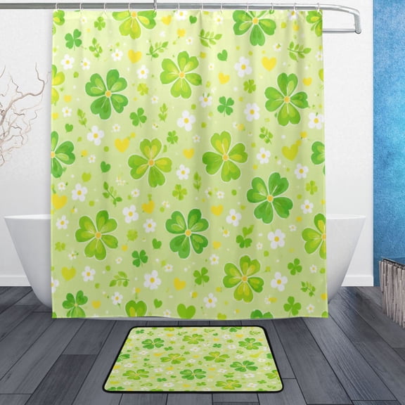 TTYFWHD 60" x 72" Shower Curtain and Bath Mat Set Light Green Clover Floral Pattern Waterproof Bathroom Curtain with 12 Hooks, Bathroom Decor Set