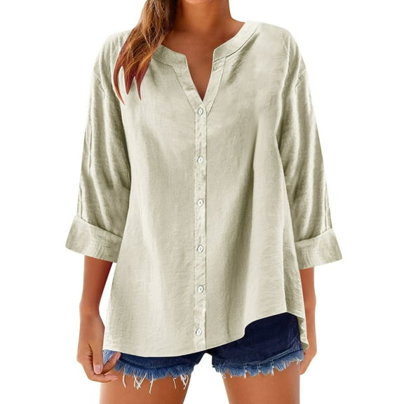 Jalioing Women's Summer Shirt 3/4 Length Sleeve Button Down Casual Blouses Loose Basic Tops Trendy Outfits