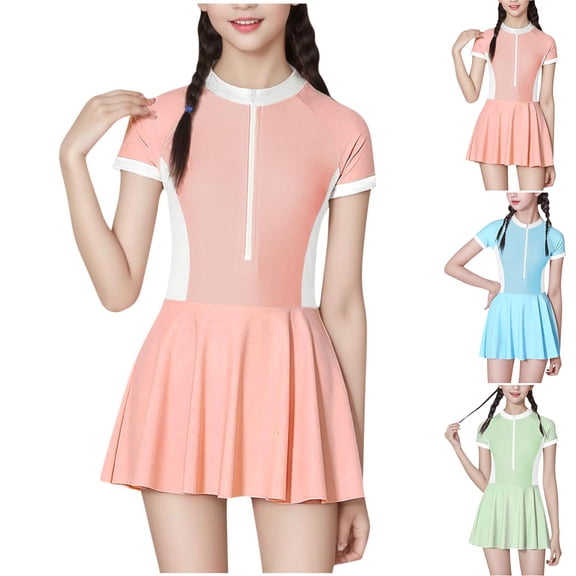 Eltusu Girls One-Piece Swimsuit, Crew Neck Short Sleeve Summer Pleated Kids Bathing Swimwear Pink Size 10-12 T